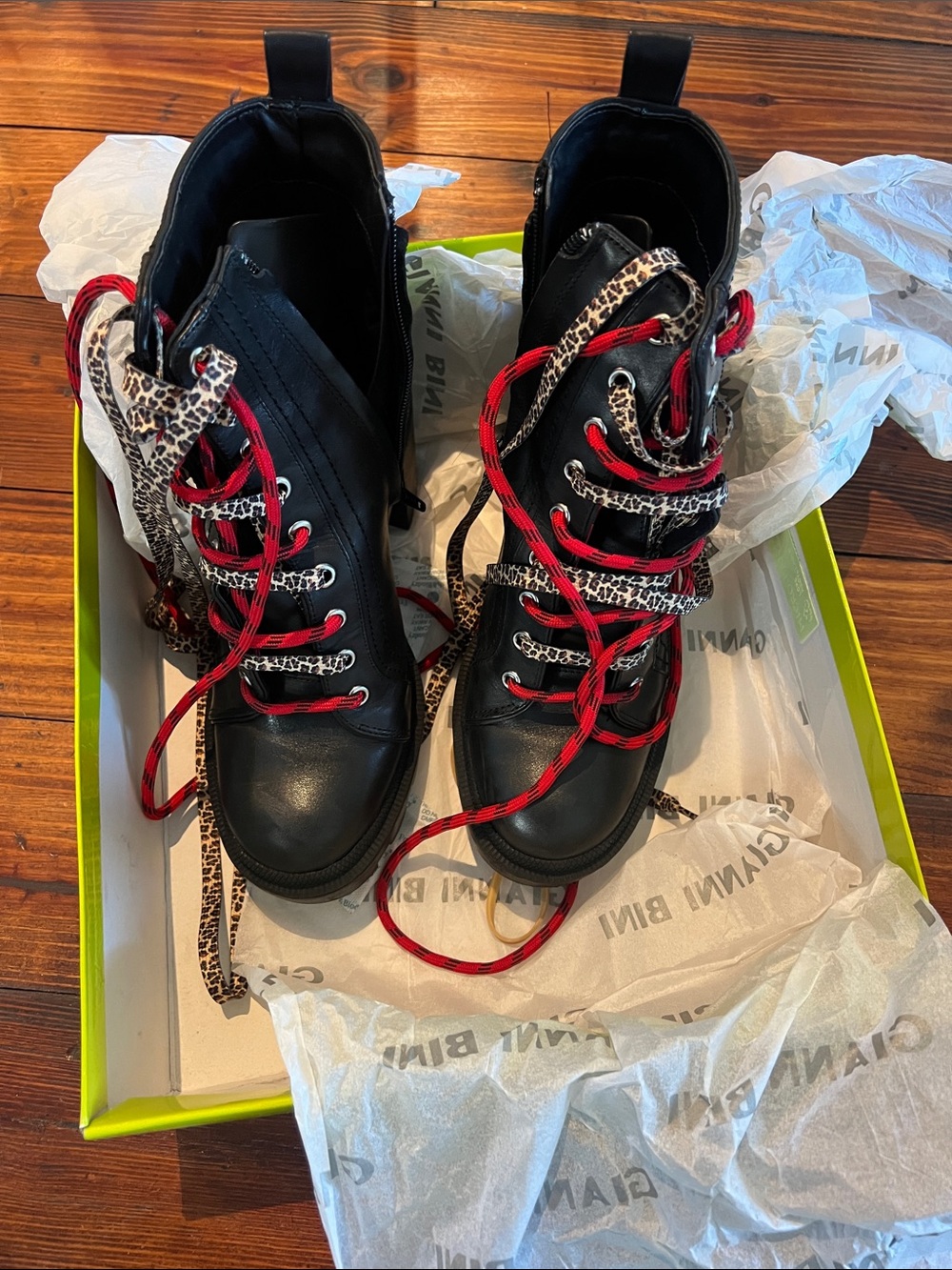 Gianni Bini Black Lace-Up Boots with Red Laces & Leopard Trim